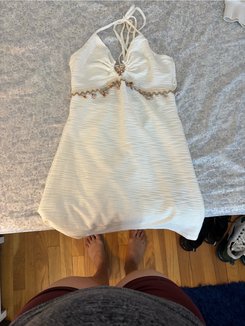 SHEIN White Halter Mini Dress with Gold Trim